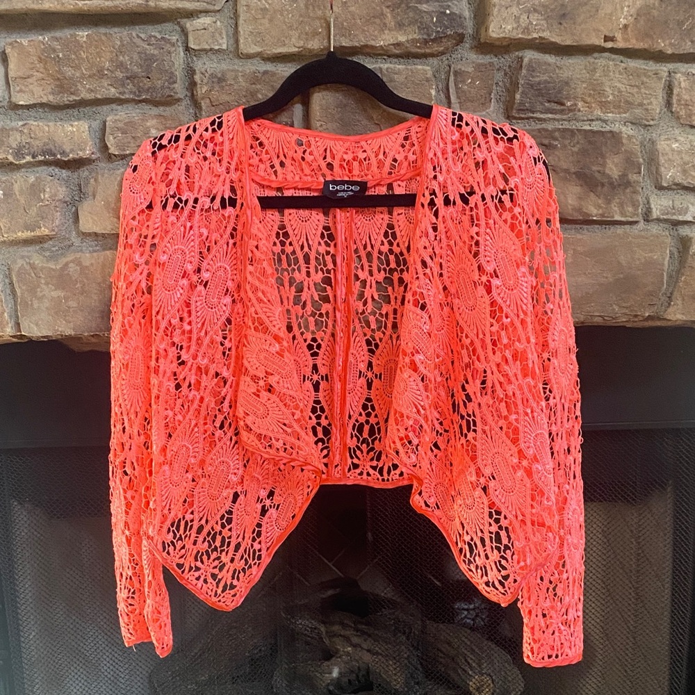 Bebe Women's Bright high-low Pink Lace Cardigan. Size OO